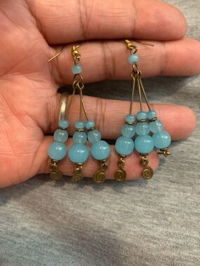 Vintage Blue Glass and Brass Dangle Earrings